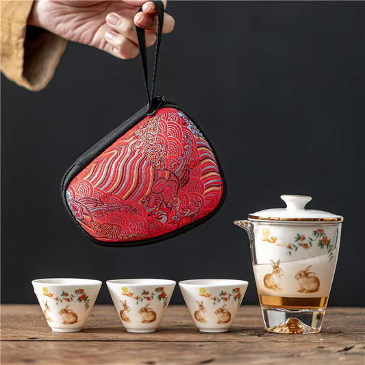 茶器 玉磁器の旅行用茶器セット（急須1つと湯呑み3つ）